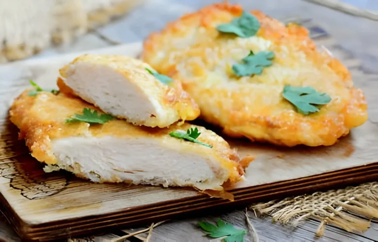 Golden crispy chicken cutlets served on a white plate with lemon wedges