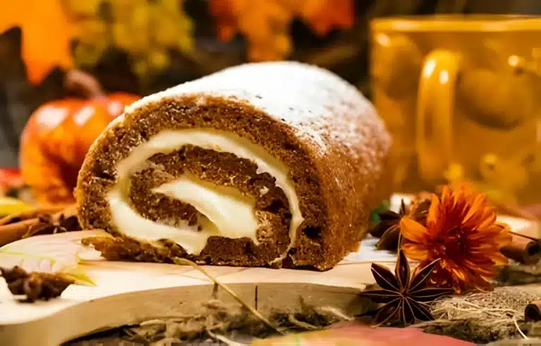 Libby's pumpkin roll on a festive table, showcasing the spiraled pumpkin cake with creamy filling.