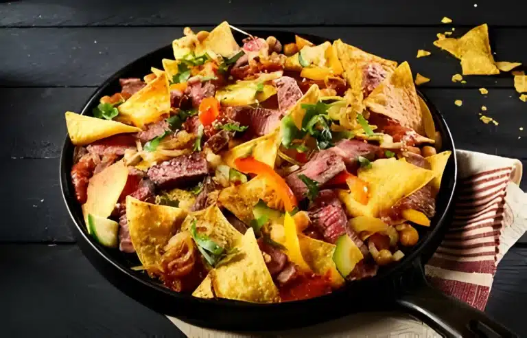 Sizzling steak nachos with melted cheese, fresh guacamole, and a sprinkle of cilantro on top