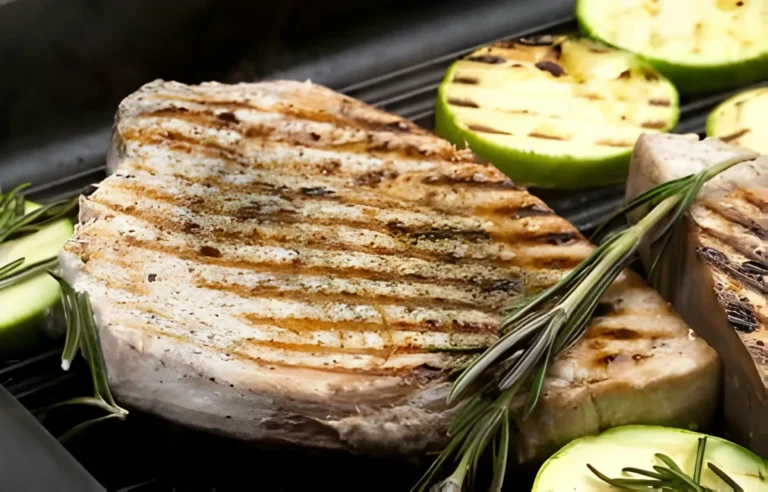 Succulent grilled swordfish steak served with lemon wedges 🍋🐟