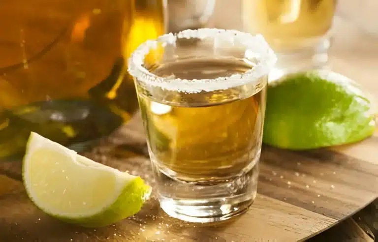 Assortment of tequila shots ready to serve, with lime and salt on the side