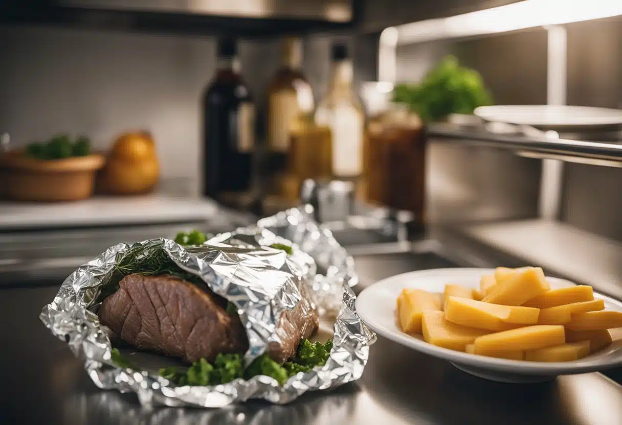 Leftover chuck roast wrapped in foil, placed in fridge. Ingredients and recipe card nearby