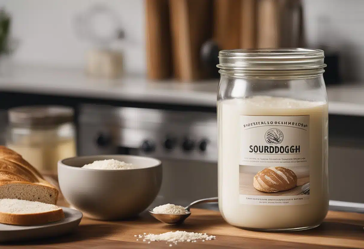 A jar of sourdough discard sits on a kitchen counter next to a stack of recipe books. A mixing bowl and measuring spoons are ready for use