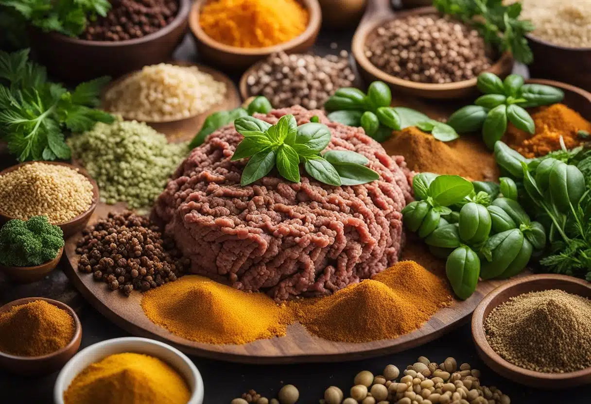 A colorful array of fresh vegetables, juicy ground beef, aromatic herbs, and various spices spread out on a wooden cutting board