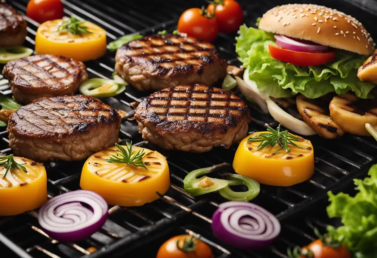 A sizzling grill with juicy beef patties, surrounded by colorful ingredients like lettuce, tomatoes, and buns. The aroma of grilled meat fills the air