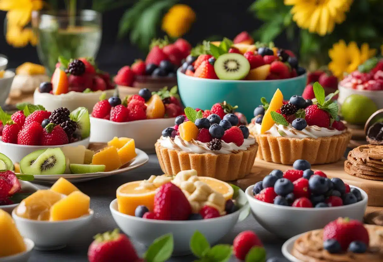 A colorful spread of vegan desserts and sweets, surrounded by vibrant summer fruits and flowers