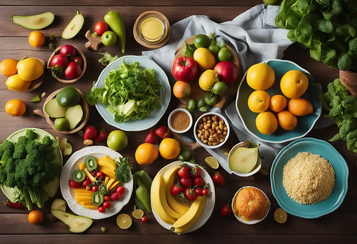 A colorful spread of fresh fruits, vibrant vegetables, and plant-based ingredients arranged on a wooden table, with a variety of recipe books open to pages featuring vegan summer dishes