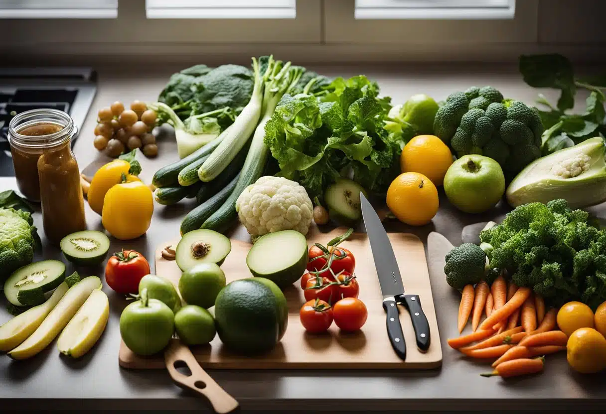 Fresh vegetables and fruits spread out on a kitchen counter, with a cutting board and knife ready for meal prep. Recipe books and a laptop open to vegan summer recipes for inspiration