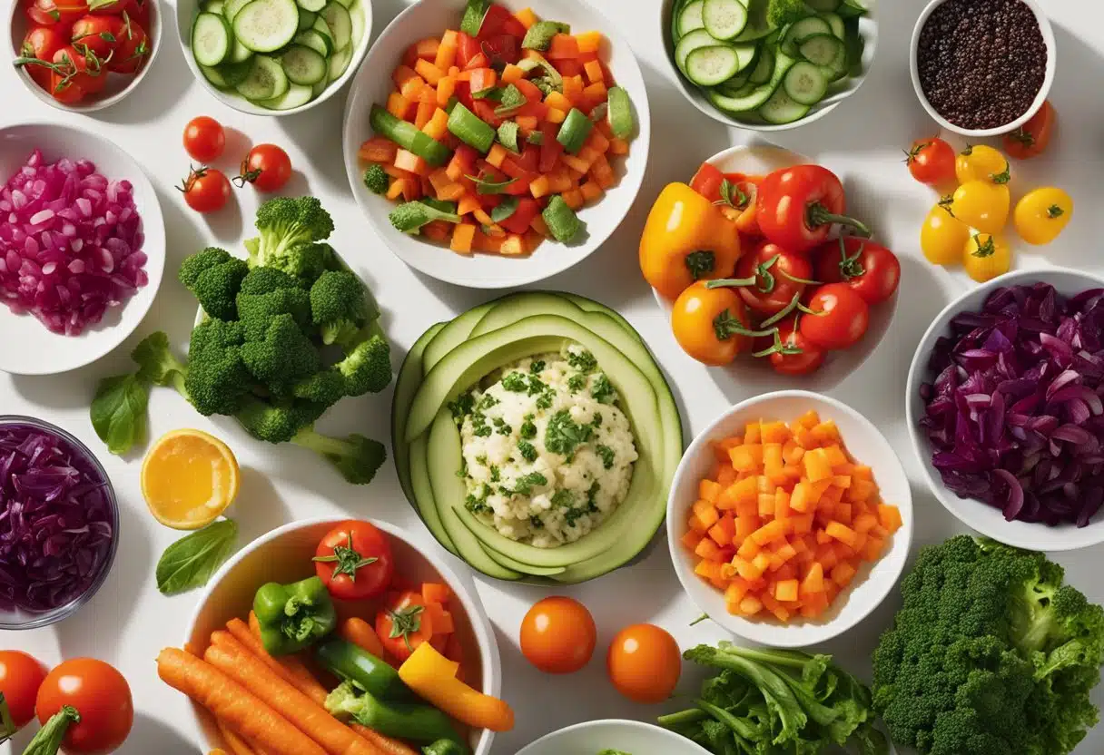 A colorful array of fresh vegetables being chopped, grilled, and blended into vibrant vegan dishes for a summer feast