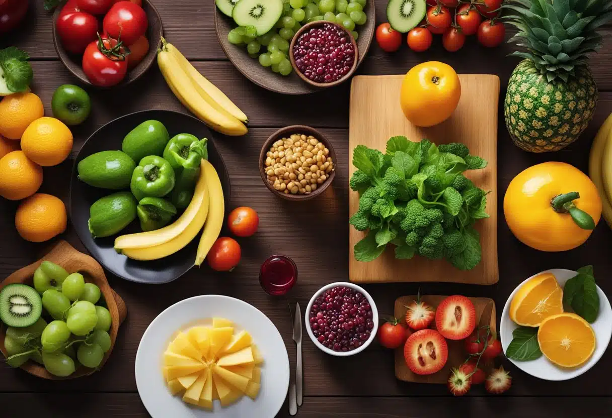 Fresh fruits and vegetables arranged on a wooden table, with a variety of colorful dishes and refreshing drinks in the background