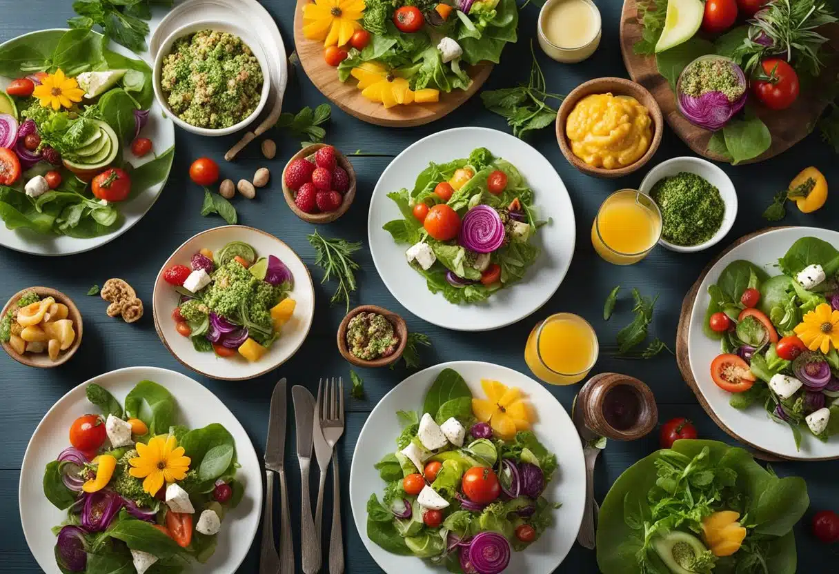 A table set with vibrant, fresh salads and colorful appetizers, surrounded by lush greenery and blooming flowers, evoking the essence of a vibrant vegan summer feast