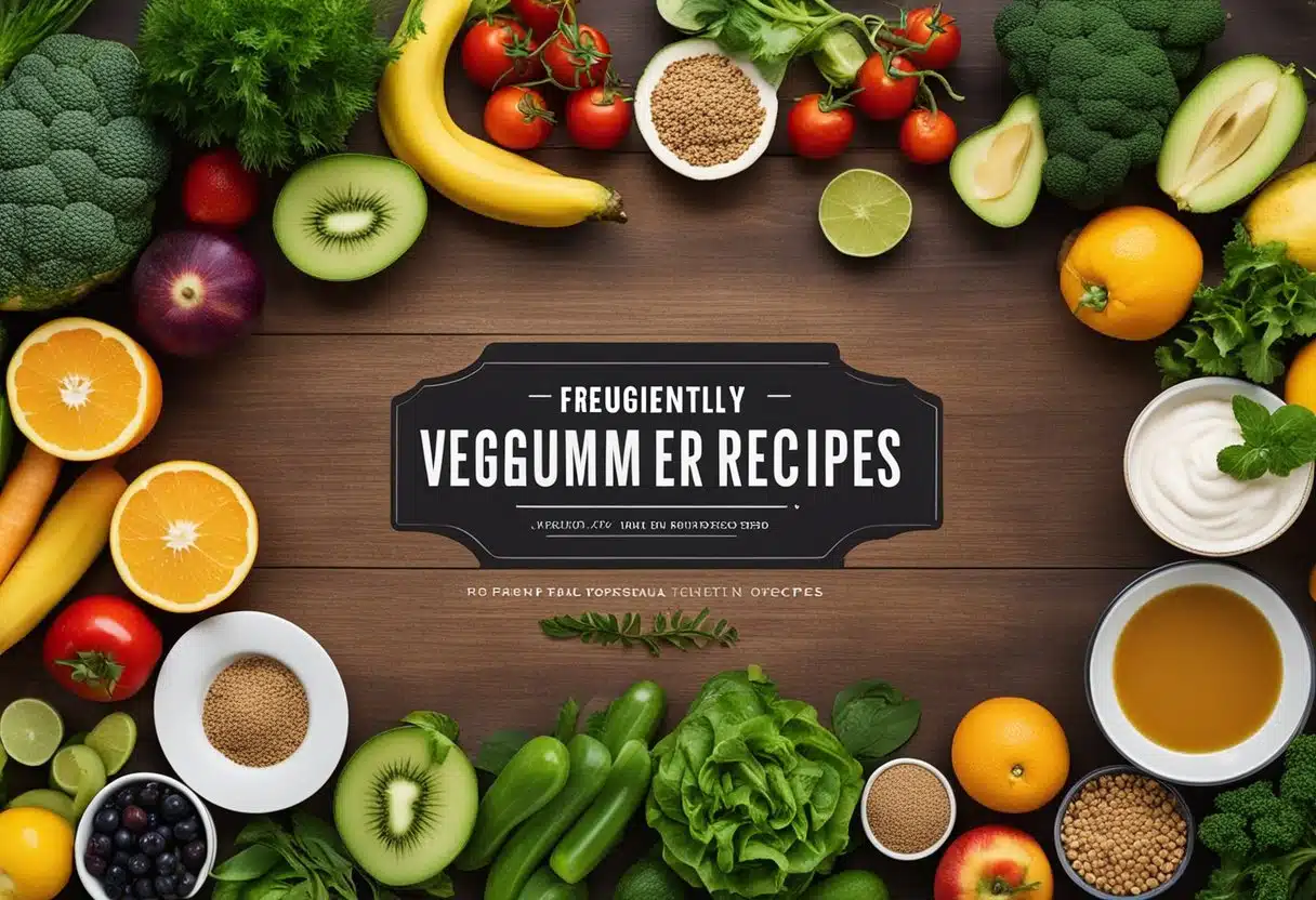 A colorful table spread with fresh fruits, vegetables, and plant-based dishes. A banner reads "Frequently Asked Questions vegan summer recipes" above the spread