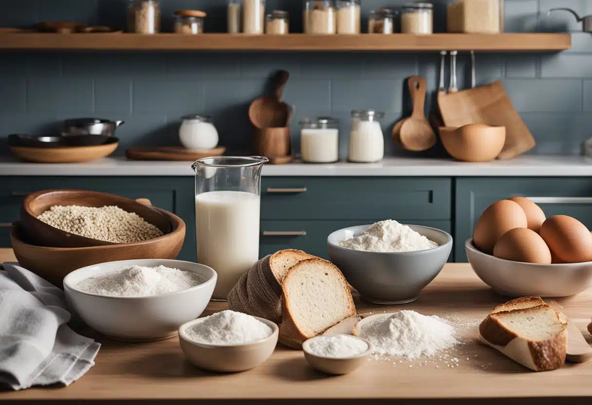 A kitchen counter with a bowl of sourdough discard, surrounded by ingredients like flour, eggs, and milk. A recipe book is open to a page of sourdough discard recipes