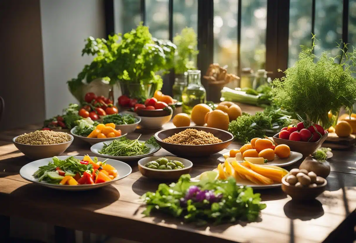 A table set with colorful vegan dishes surrounded by fresh summer produce and herbs. Sunlight streams through a window, casting a warm glow on the vibrant spread