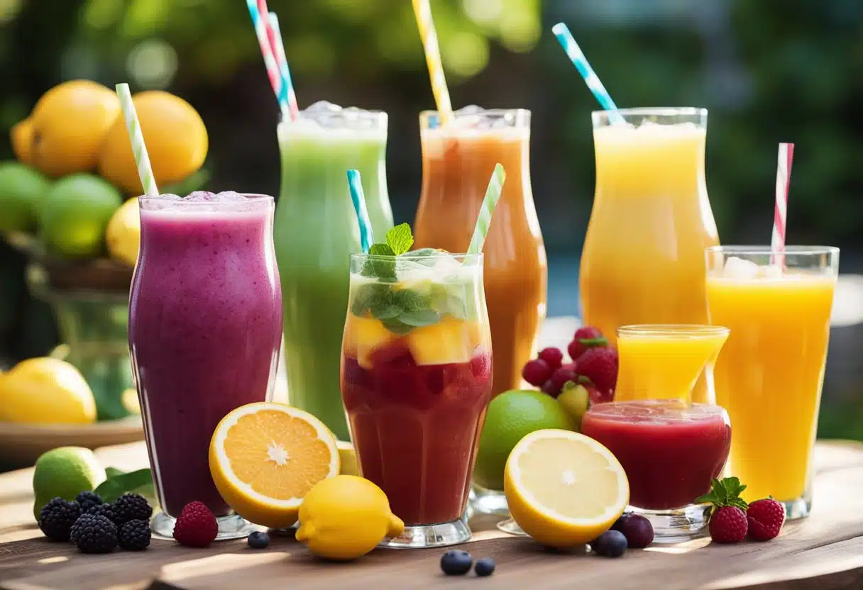 A colorful array of refreshing vegan summer beverages, including fruit smoothies, iced teas, and lemonades, are displayed on a vibrant outdoor table