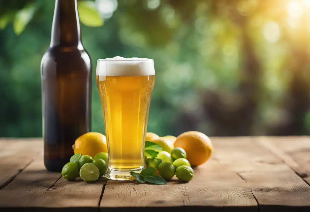 A tall glass of golden beer sits on a rustic wooden table, surrounded by fresh citrus fruits and aromatic hops, with a backdrop of lush greenery and warm sunlight