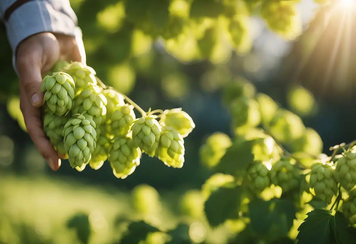 A hand reaching for fresh hops, citrus fruits, and malted barley, with a backdrop of a sunny outdoor setting