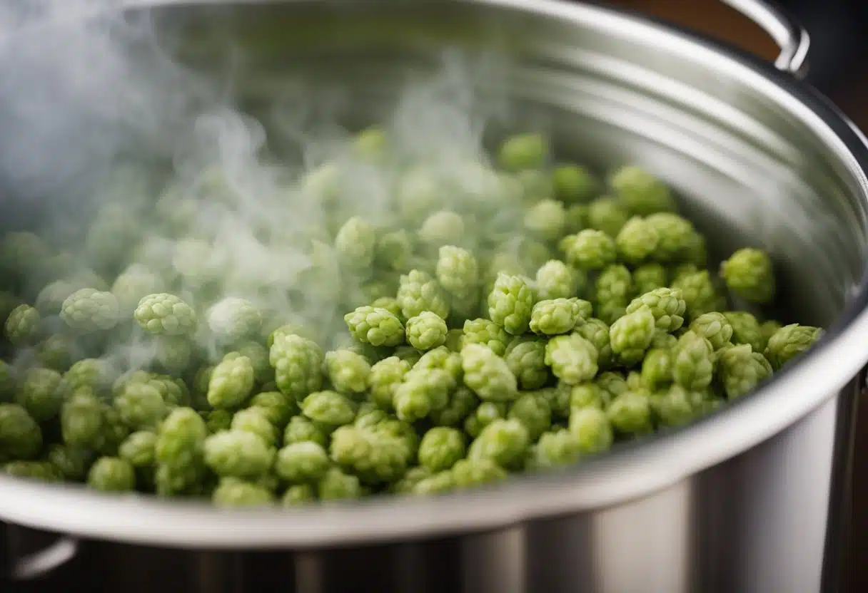 Barley and hops simmer in a large pot. A thermometer gauges the rising temperature. Steam billows from the pot as the ingredients meld together