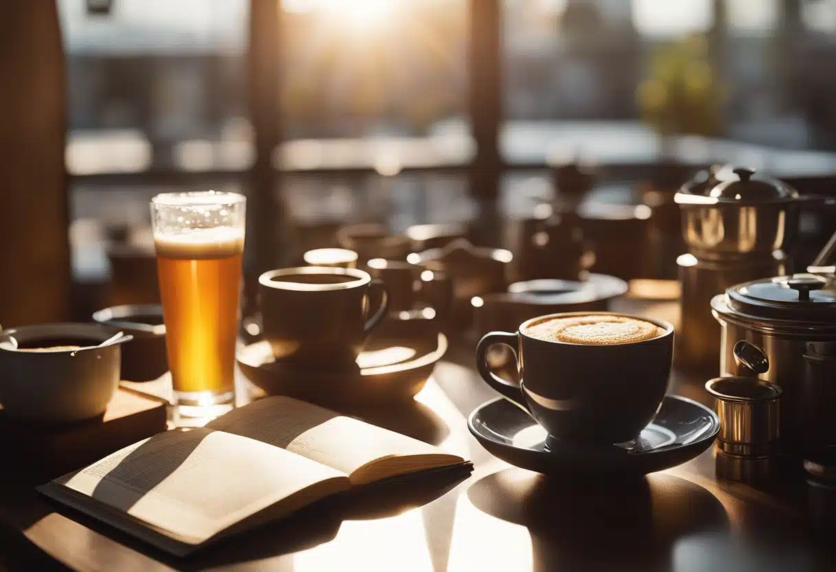 A table with brewing equipment, ingredients, and recipe book open. Sunlight streams in through a window, casting a warm glow on the setup