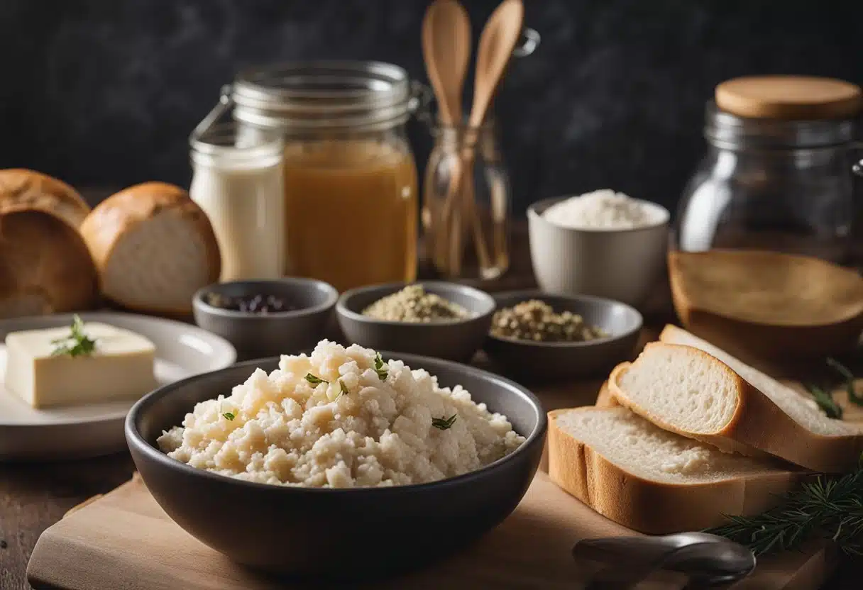 A bowl of sourdough discard sits next to a jar of starter, surrounded by ingredients and utensils. A recipe book is open to a page with various discard recipes