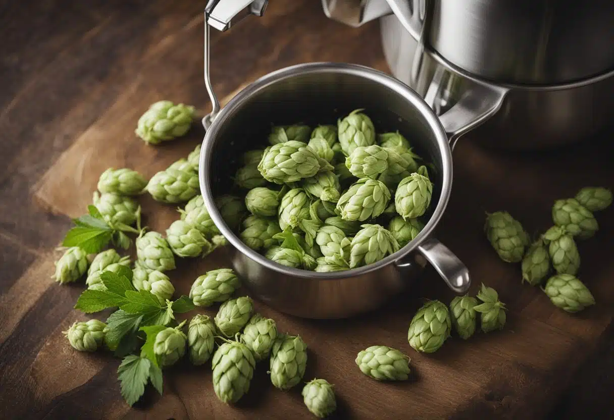 A hand pours hops into a pot of boiling water. Adjacent, a measuring cup holds malt extract. A timer reads 60 minutes