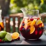 A vibrant pitcher of summer sangria filled with fresh fruits and ice.