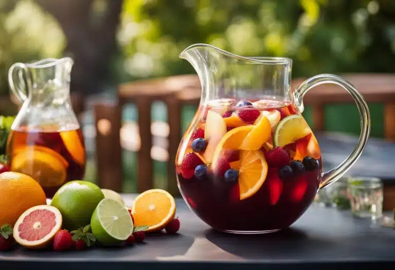 A vibrant pitcher of summer sangria filled with fresh fruits and ice.