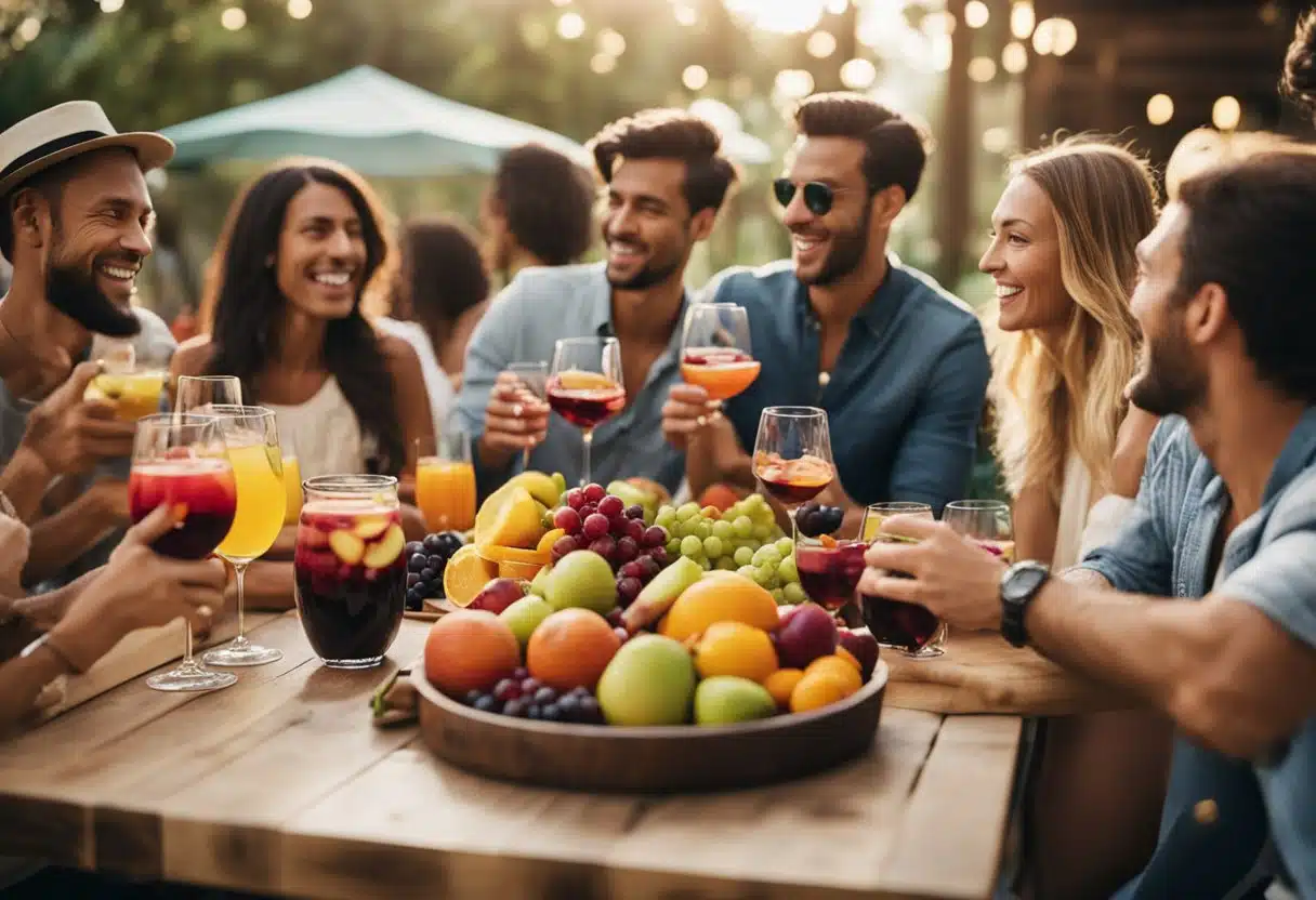 A table filled with fresh fruits, wine bottles, and pitchers, surrounded by people laughing and enjoying glasses of colorful sangria