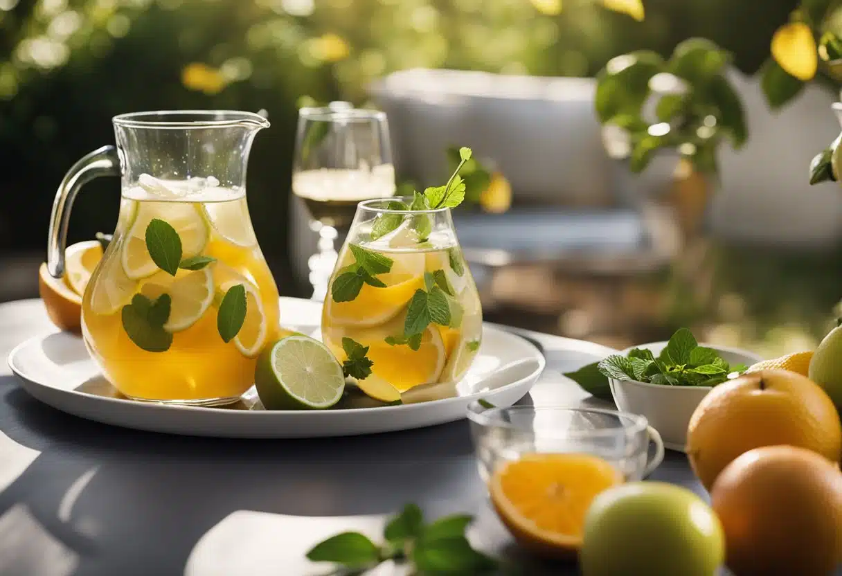 A pitcher of white sangria surrounded by fresh fruits and herbs on a sunny outdoor table