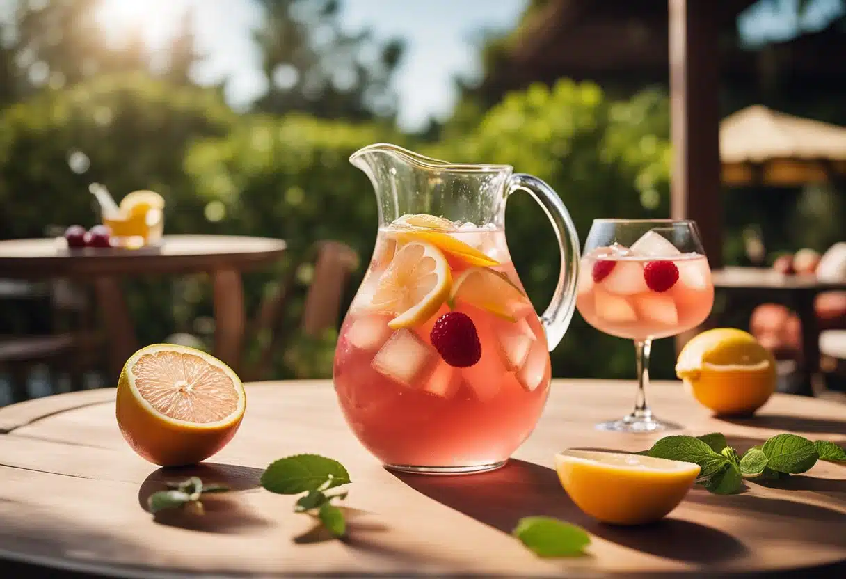 A pitcher of rosé sangria sits on a sun-drenched patio, surrounded by fresh fruit and ice cubes, with a backdrop of lush greenery