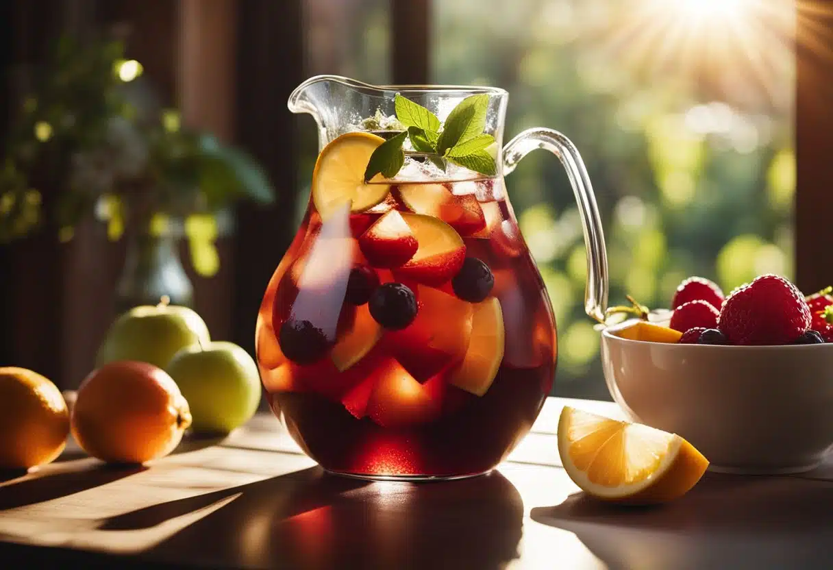 A pitcher of sangria surrounded by fresh fruit and ice, with glasses ready to be filled. Sunlight streams through a window, casting a warm glow on the scene