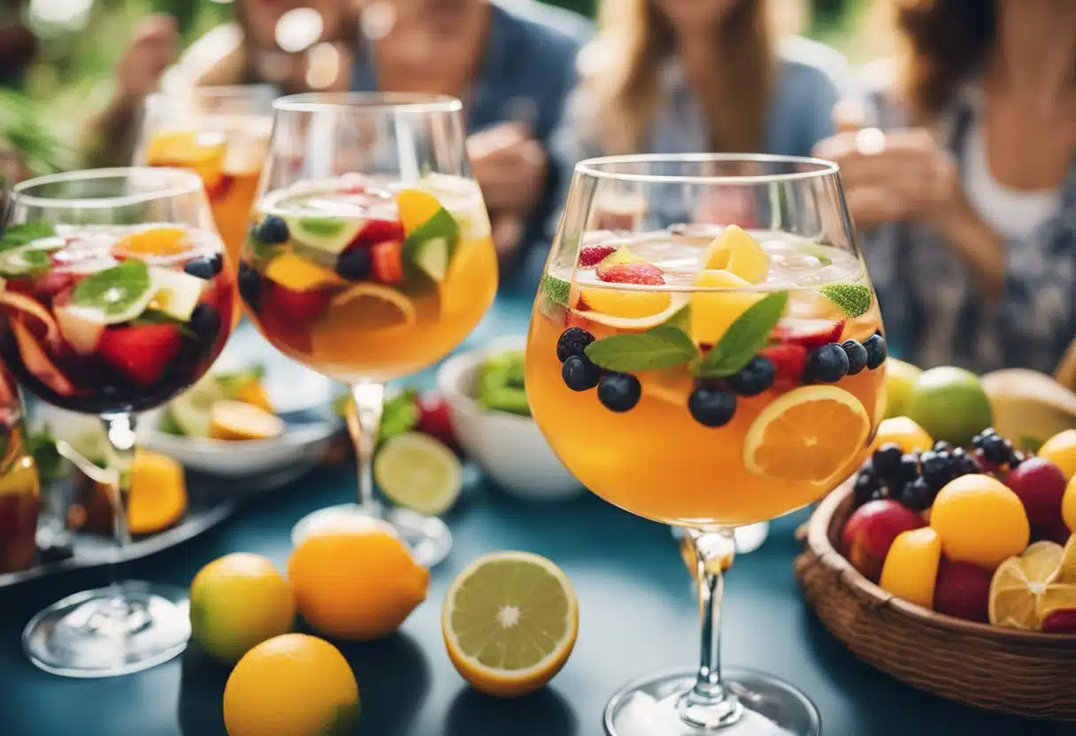 A table adorned with colorful glasses and pitchers of fruity sangria, surrounded by cheerful guests enjoying the summer party atmosphere