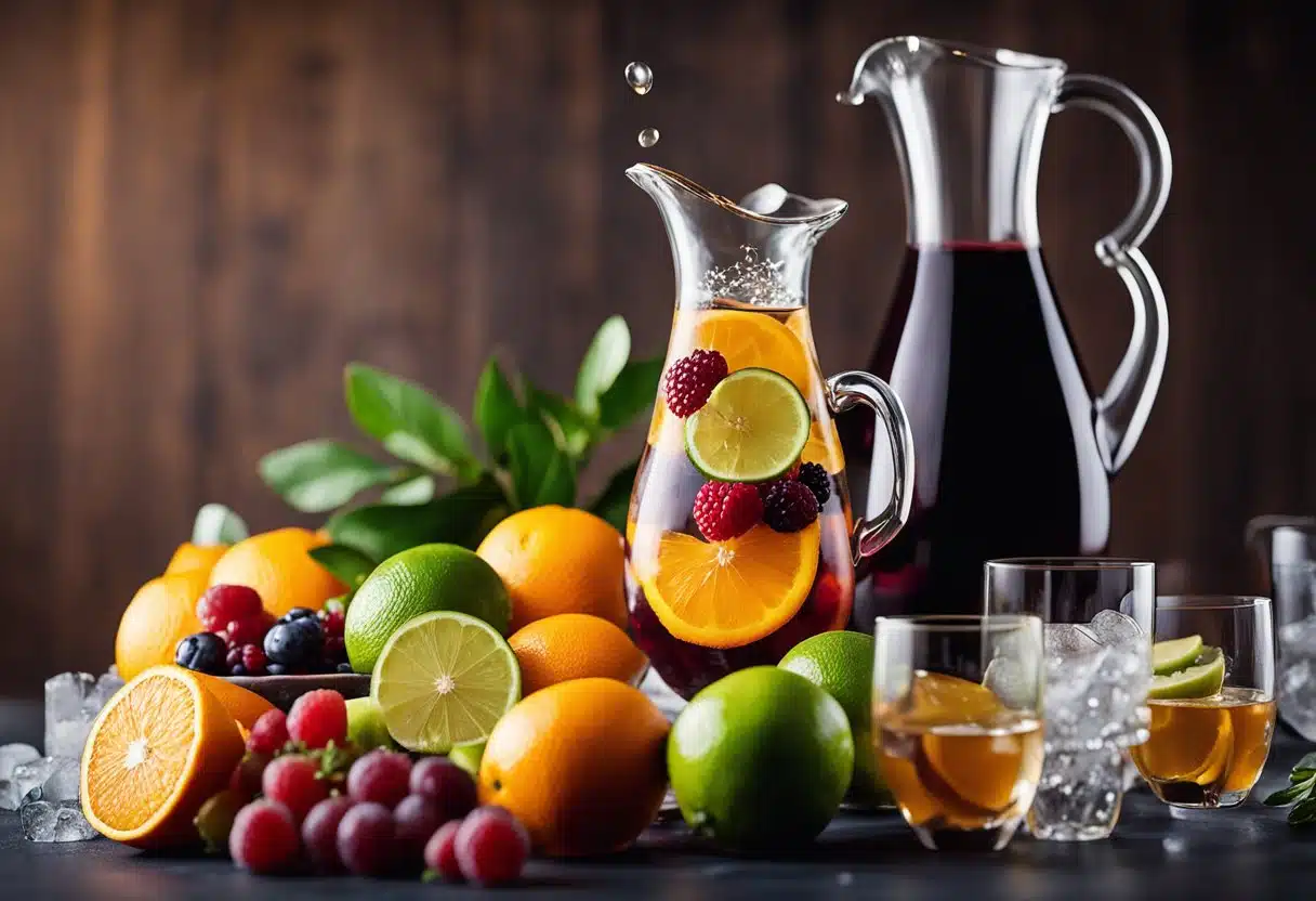 A pitcher filled with red wine, sliced fruits (oranges, lemons, limes, and berries), a splash of brandy, and a sweetener, surrounded by fresh fruit and ice