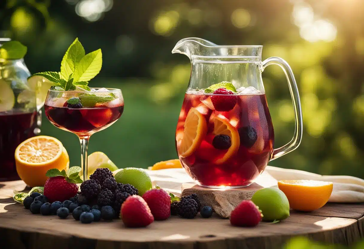 A pitcher of red sangria surrounded by fresh fruit and ice, set on a rustic outdoor table with a backdrop of greenery and warm sunlight