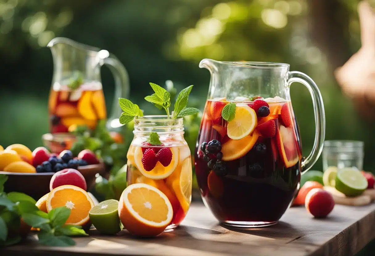 A pitcher of non-alcoholic sangria surrounded by fresh fruits and herbs on a sunny outdoor table