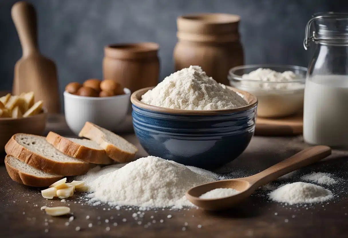 A mixing bowl with sourdough discard, flour, and water. A wooden spoon stirring the ingredients together. A jar of starter on the side