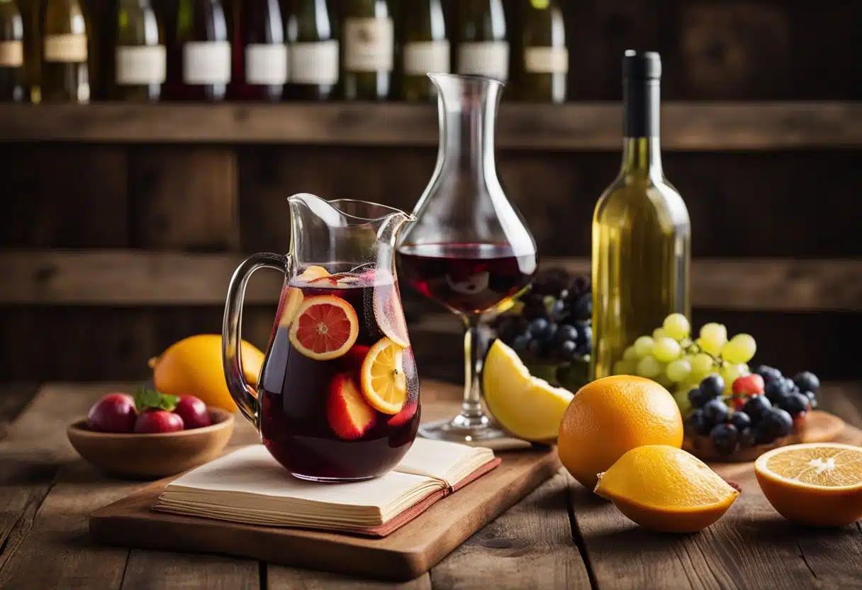 A pitcher of sangria sits on a rustic wooden table, surrounded by fresh fruit and bottles of wine. A recipe book is open to a page filled with handwritten notes and illustrations