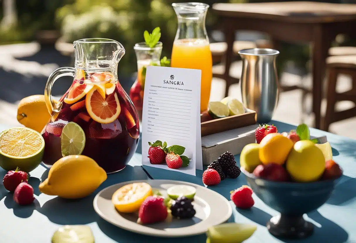 A pitcher of sangria surrounded by fresh fruit and a stack of recipe cards on a sunlit patio table