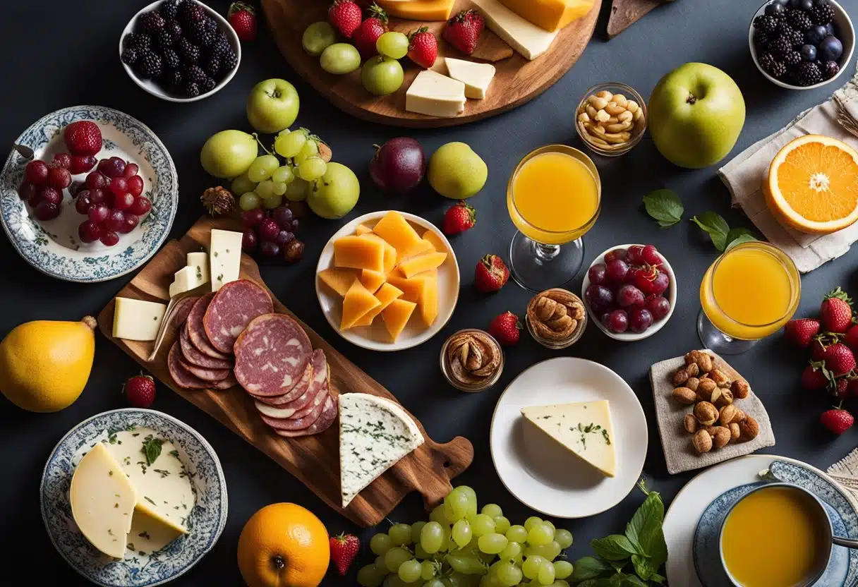 A table set with a variety of colorful fruits, cheeses, and charcuterie, alongside pitchers of vibrant red and white sangria