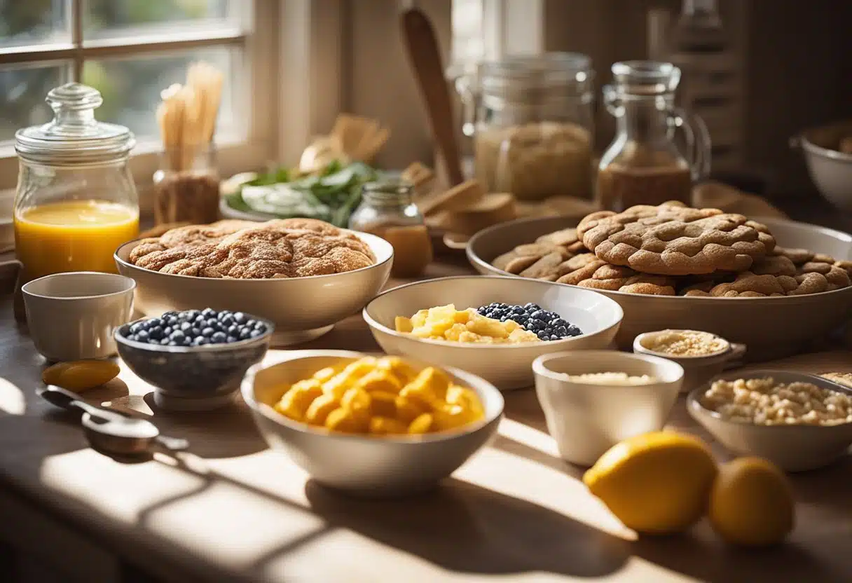 A table filled with colorful ingredients and baking tools for summer cookie recipes. Sunshine streams through the window, casting warm light on the scene