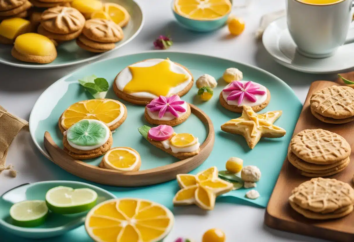 A table set with fresh summer cookies, surrounded by colorful decorations and vibrant presentation