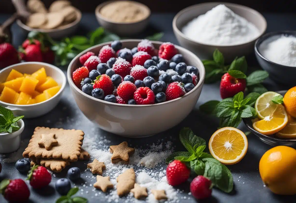 A table covered in vibrant summer fruits and herbs, surrounded by bowls of sugar and flour, with a mixing bowl and cookie cutters ready for use