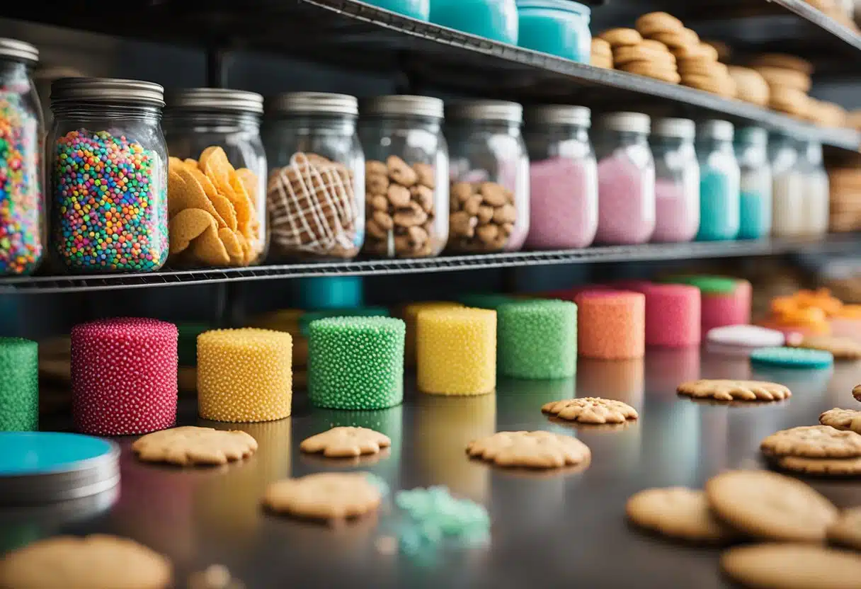 Cookies cooling on wire racks, surrounded by colorful jars of sprinkles and frosting. A cookie tin and airtight containers sit nearby, ready for transporting