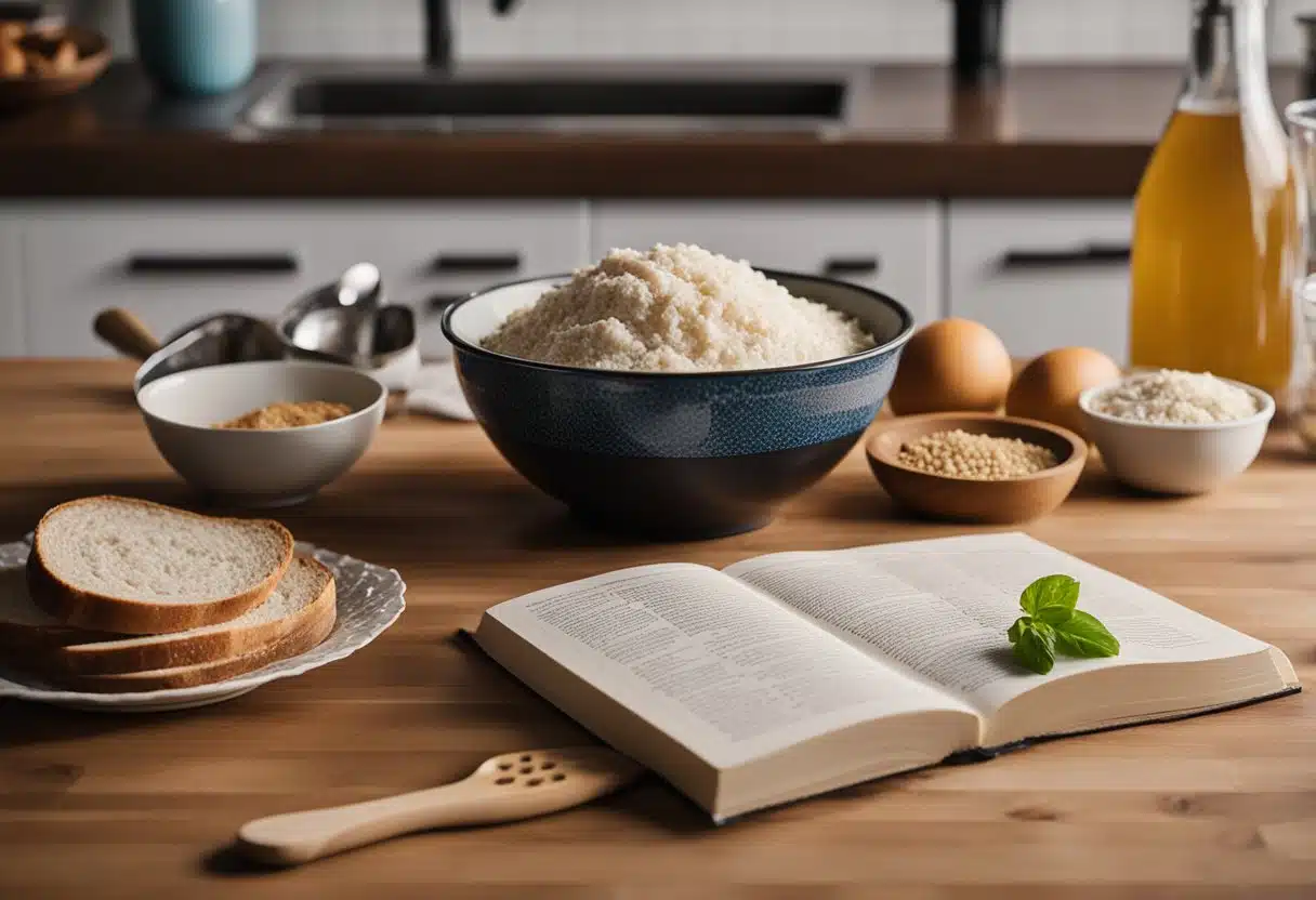 A mixing bowl sits on a kitchen counter, filled with sourdough discard and various ingredients. A wooden spoon stirs the mixture, while a recipe book lies open nearby