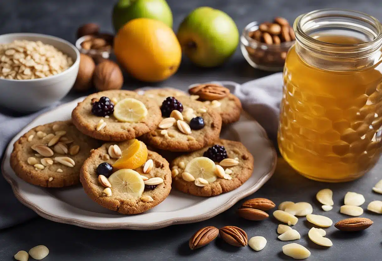 A colorful array of fresh fruits and nuts surround a plate of freshly baked, golden brown cookies. A jar of honey and a bowl of oats sit nearby, adding to the wholesome, dietary theme