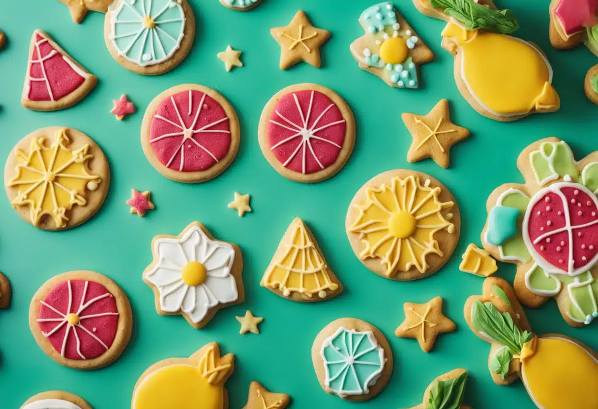 A vibrant kitchen counter displays various summer-themed cookie shapes and ingredients for innovative summer cookie ideas