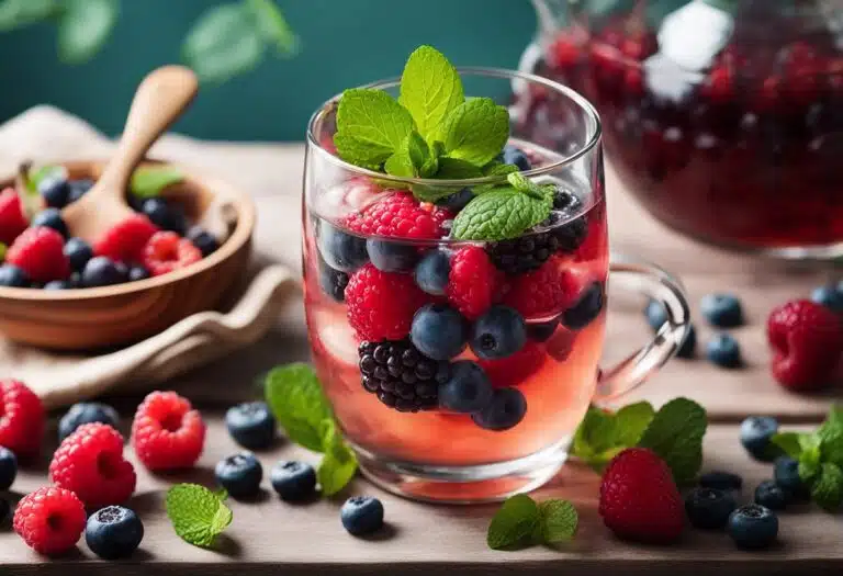 A cool glass of summer berry refresher with fresh berries and ice.