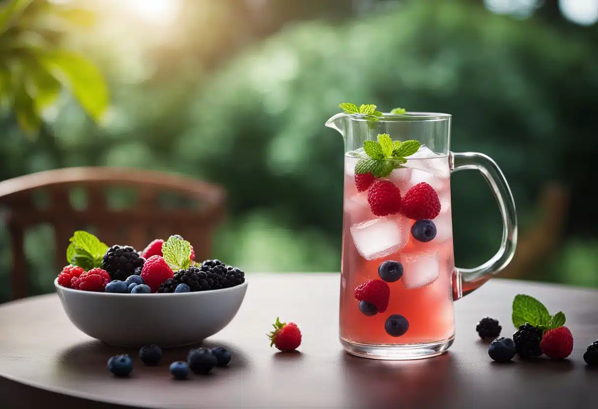 A tall glass filled with ice, garnished with fresh berries and mint, next to a pitcher of berry-infused water