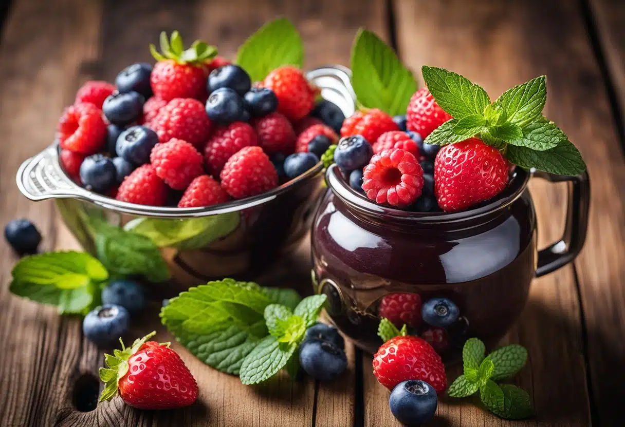 A colorful array of fresh summer berries, including strawberries, blueberries, and raspberries, are arranged on a wooden cutting board next to a pitcher of lemonade and a handful of mint leaves