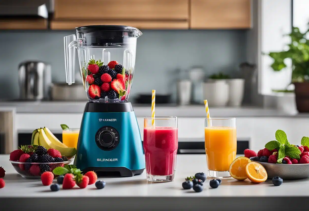 A vibrant display of fresh summer berries, a blender, and a glass filled with the refreshing drink. Vibrant colors and a clean, modern kitchen setting